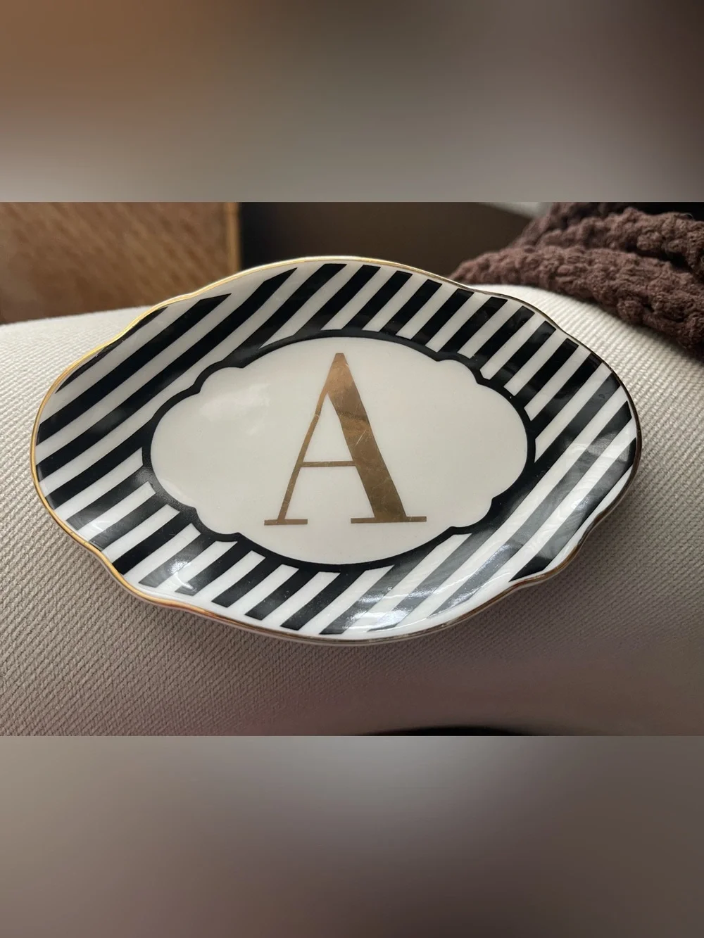 Monogram 'A' Decorative Trinket Dish - Black, White & Gold